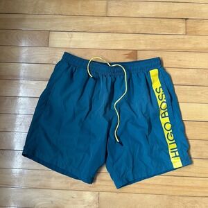 Hugo Boss Dolphin Mens Teal Blue Yellow Logo Swim Shorts Trunks Size Medium